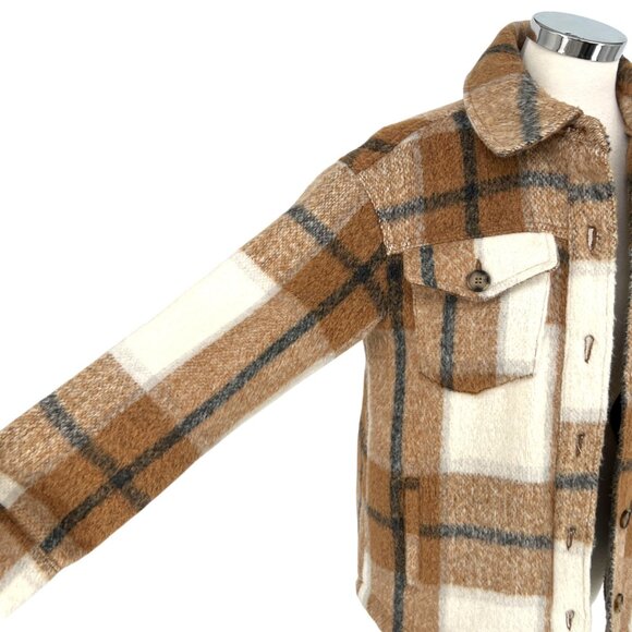 Avec Les Filles Plaid Shacket Jacket Button-Up Brown Cream Size Small - Picture 3 of 11